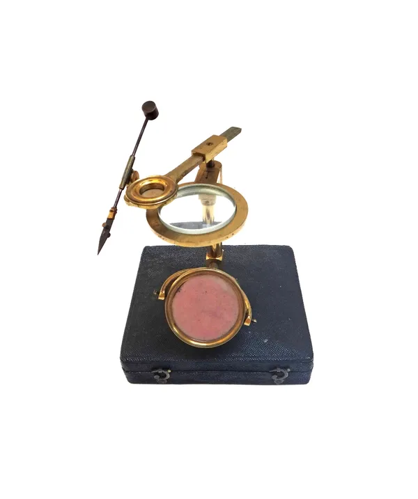 An Aquatic microscope, English, late 18th century, the lacquered brass column screwing into a fish skin case, with ivory handle to forceps, fitted int