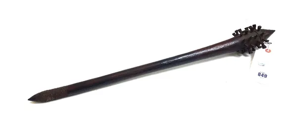 An Australian Aboriginal Queensland hardwood war club, 19th century, with iron nails driven into the head, over a tapering carved shaft, 67cm long.