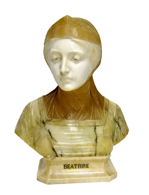A marble and alabaster bust of 'Beatrice', by 'Prof G. Bessi' (Italian, 1857-1922), her face in marble, her dress in contrasting alabaster, the plinth