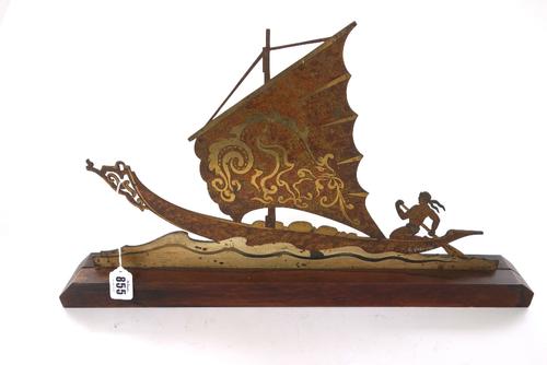 A 20th century French sheet metal Greek galley by Lucien Gerfaux, patinated and on a rosewood plinth, 51cm wide.