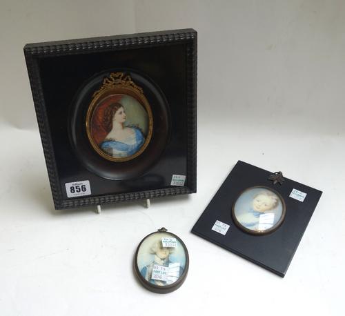 An oval watercolour on ivory, early 20th century, depicting a young girl in 18th century costume sporting a blue neckerchief, 10cm, in a hardwood fram