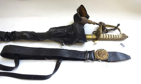 A Wilkinson naval dress sword, George VI period, with straight engraved blade, 79cm, brass folding guard, knuckle bow with naval cypher and a wire bou