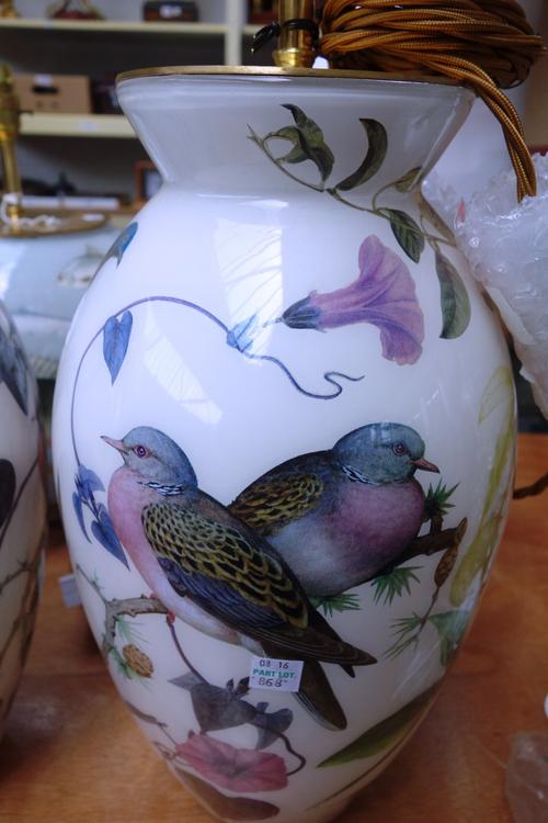 A pair of decalcomania glass table lamps, modern, each of spherical form, decorated with fish, 26cm high excluding fitments. (2)