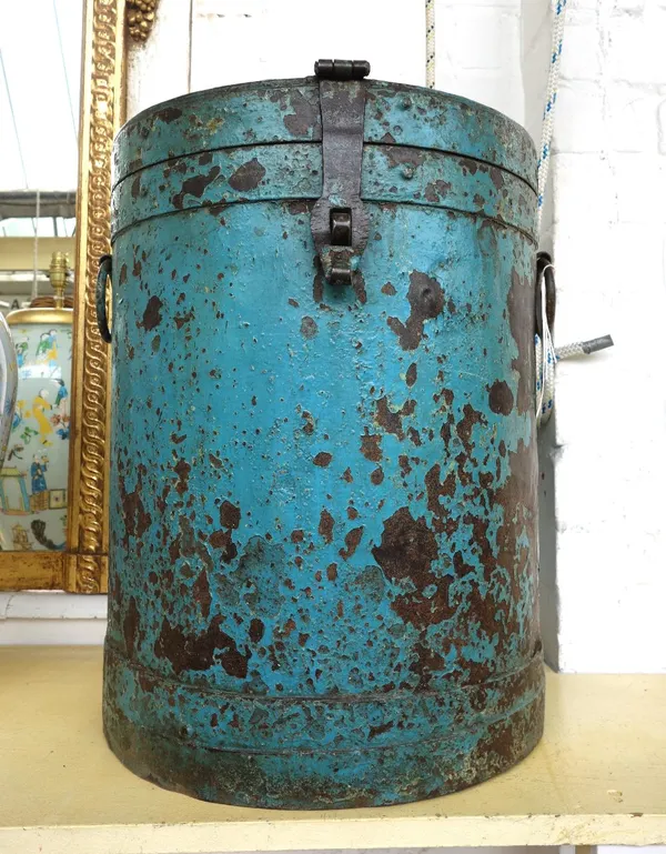 A circular steel grain drum, late 19th century, with two ring handles and a clasp lock to the hinged lid, turquoise painted, distressed, 49cm high, 38