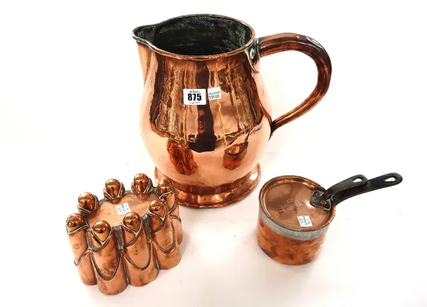 A collection of domestic copper, English, mainly 19th century, to include four saucepans with lids, four jelly moulds, five jugs, a dipper/measure and