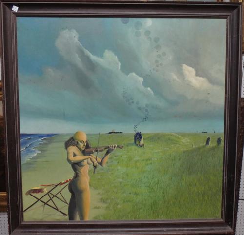 Richard KNights (20th century), Three surrealist scenes, two oil on canvas, one oil on canvas board, all signed on reverse, one dated '75, one dated F