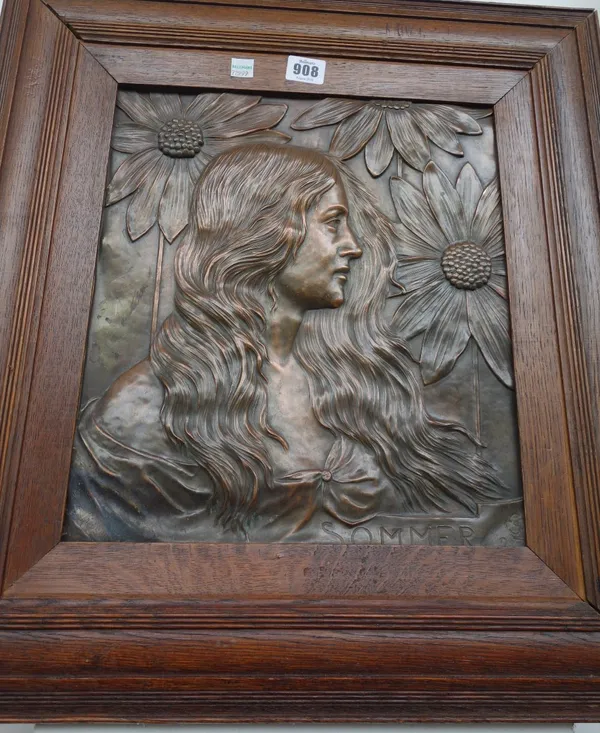 A German patinated copper plaque depicting 'Sommer', in an oak frame, the plaque 34cm x 30.5cm.