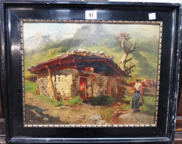 F** E** (early 20th century), Figure by a mountain hut, oil on board, indistinctly signed.