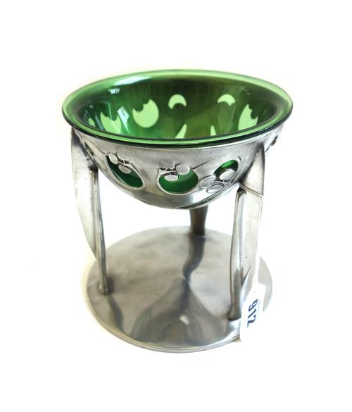 A Tudric pewter and glass coupe designed by Archibald Knox for Liberty & Co., circa 1902-1905, model number 0276, the glass liner by Powell, stamped m