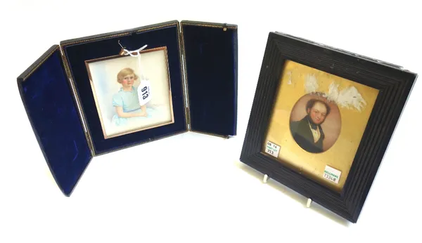 A portrait miniature on ivory by Owen G. Ramsay, circa 1925, depicting a young girl, in a gilt metal frame and velvet lined leather box, 12cm high, an