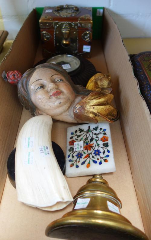 A quantity of collectables, comprising; a Chinese hardwood and brass mounted casket, a marble foliate inlaid desk weight (10cm x 7.5cm), a 19th centur
