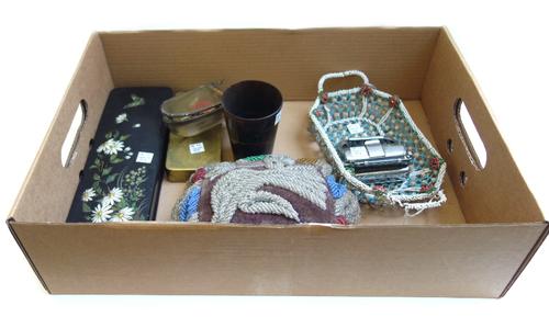 A quantity of metalwork collectables, including; a lidded copper urn, 26cm high, a beadwork cushion, 22cm wide, a bead and shell work two handled bask