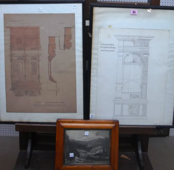 W. E. H. (late 19th century)Two architectural drawings, both signed and dated 1895, together with a small landscape engraving by another hand.(3)