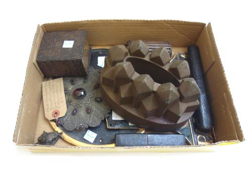 A quantity of metalware collectables, including; a 'Palladium' replica bronze insurance plaque, an 'Albion Fire Office' bronze plaque, a Victorian cop