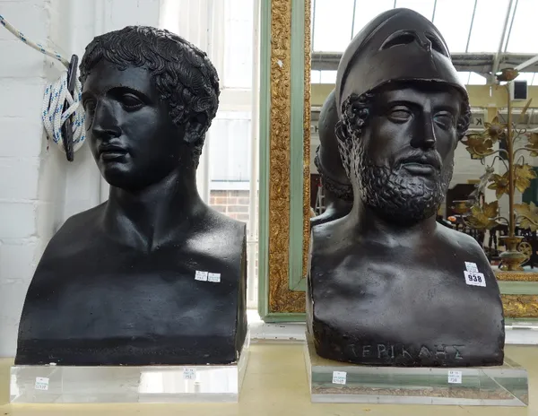 Two black painted plaster busts, late 20th century, each depicting a Greek mythological figure, both mounted on a clear perspex plinth. Tallest bust 5
