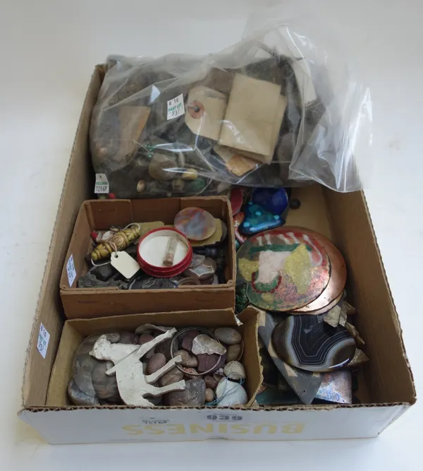 A quantity of small enamel metal plaques, hardstone specimens and restoration pieces. (qty)