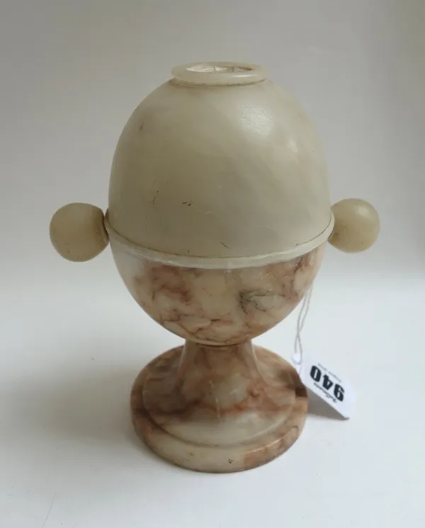 An alabaster 'peep egg', mid 19th century, through the viewing lens, two painted topographical views and an assemblage of natural history specimens, 1