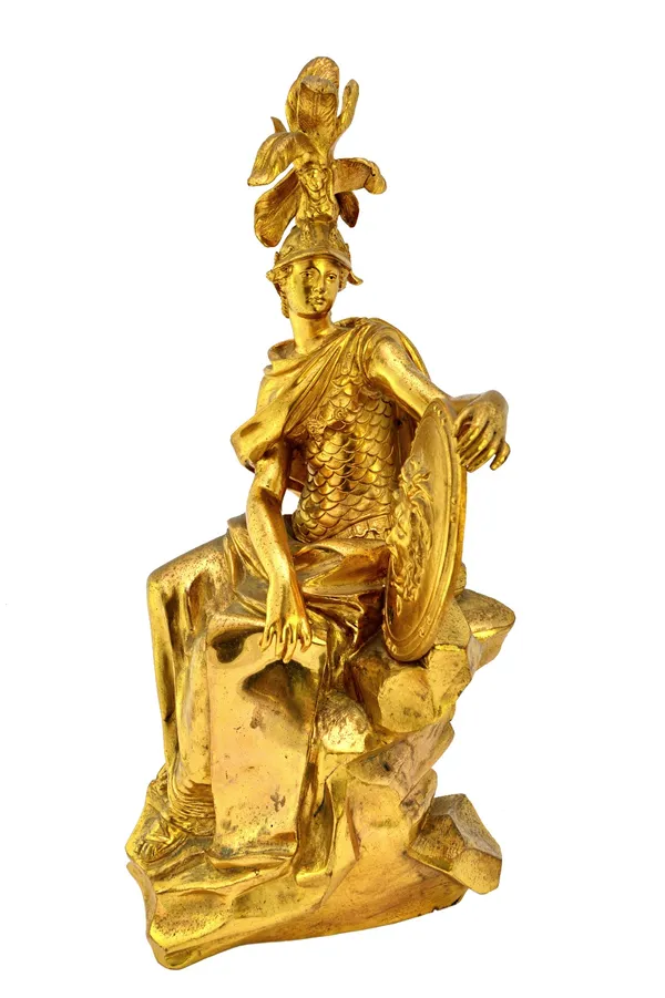 A gilt bronze figure of Athena, late 19th century, seated on a naturalistic base, holding a shield bearing the Gorgon's head and an unfurled scroll, 3