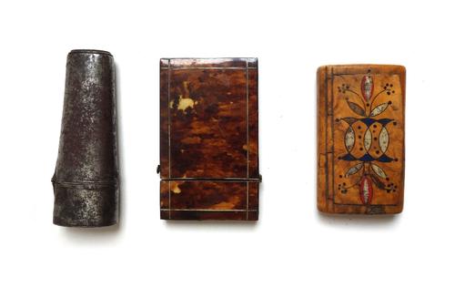 A steel cased etui, late 18th/early 19th century, of oval tapering form, containing various implements, 10cm long, together with a Victorian tortoises