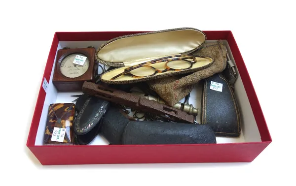 A quantity of small collectables, including; an alphabet sampler (23cm x 19cm), a pair of Edwardian tortoiseshell spectacles, a miniature musical cyli