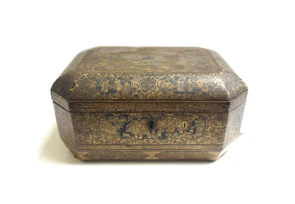 A Chinese gilt and ebonised sewing box, 19th century, chinoiserie decorated, the hinged lid opening to reveal a compartmented interior, enclosing nume