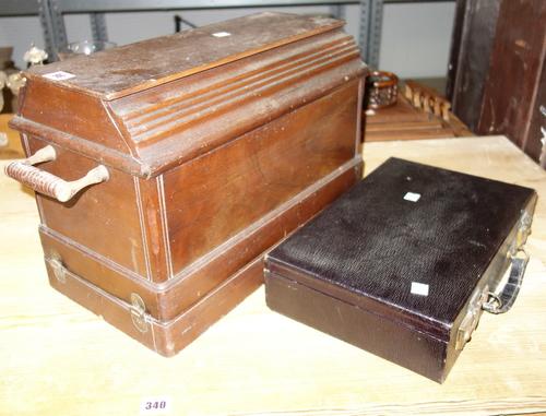 A 20th century cased Singer sewing machine and a black leather small briefcase.