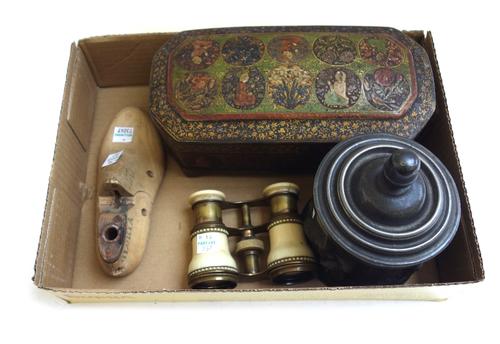 An unusual white metal tobacco jar and cover, late 19th century, the circular body relief cast with scenes from Punch and Judy, 15cm high, together wi