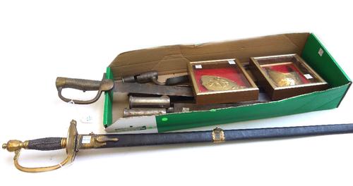 A Continental officers sword, 19th century, with straight engraved blade detailed 'Solingen' to the spine, with butterfly hilt, knuckle bow and wire b