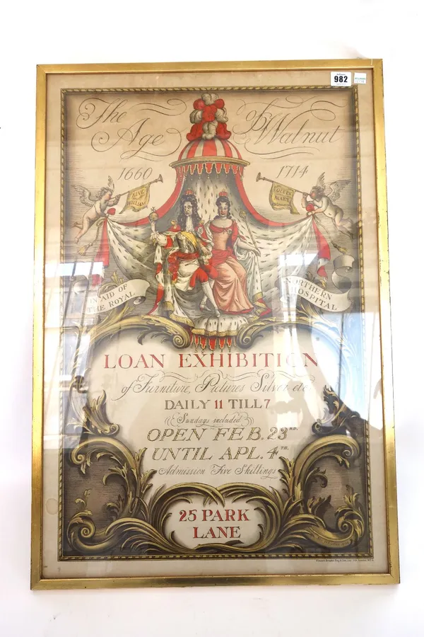 'The Age of Walnut', a colour lithograph by Rex Whistler, 1932, advertising 'Loan Exhibition of furniture, silver, pictures etc', framed and glazed, 7