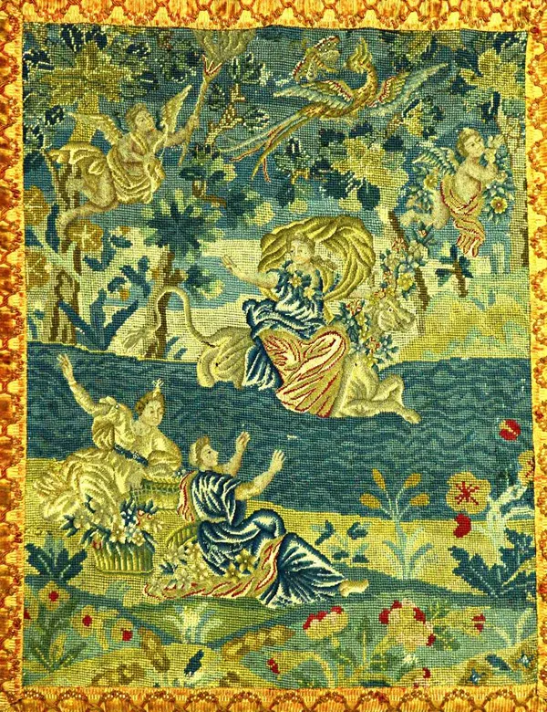 An 18th century tapestry fragment, depicting Europa on a bull waving to her two companions as she is abducted, later decorated border, suspended from