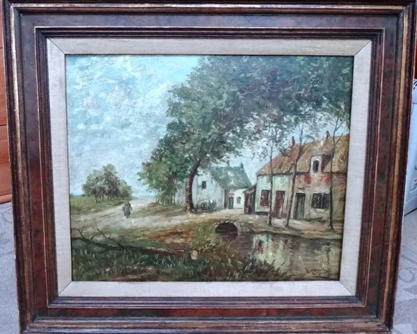 Continental School (early 20th century), Figure on a path by a village, oil on canvas, indistinctly signed, 44cm x 54cm. K1