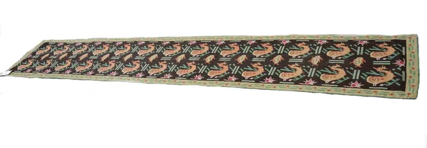 A needlework flatweave runner decorated with seahorses, shells and fishes, possibly French, 356cm x 61cm; and a quantity of small rugs and cushion cov