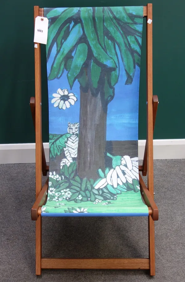 A modern deckchair printed with a design after Fleur Cowles of a Tiger by a tree - the original produced for the "Deckchair Dreams" charity auction he