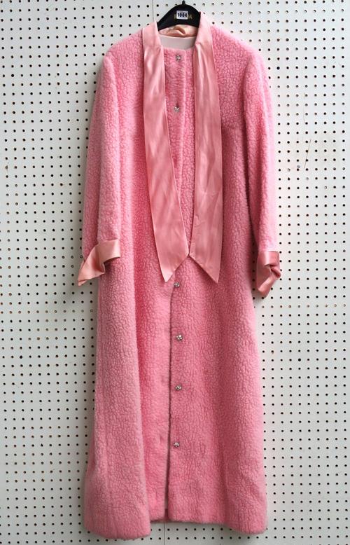 A vibrant baby pink coat by Lord and Taylor; together with three items of lace and taffeta-decorated clothing, and a quantity of mixed mostly mid-20th