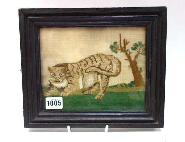 An early 19th century naïve needlework of a tiger, 15.5cm x 19cm; a late 19th century needlework and beadwork panel depicting an angel bearing two chi