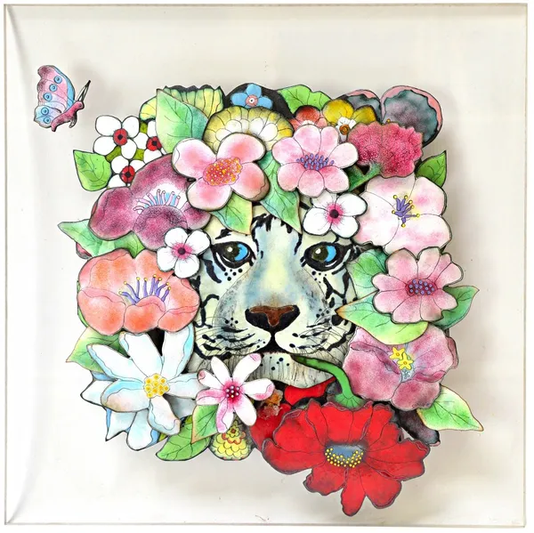 'Diane' after Fleur Cowles, an enamelled collage tableau depicting a white tiger head amongst flowers, signed and dated '86 (small losses), set on a p