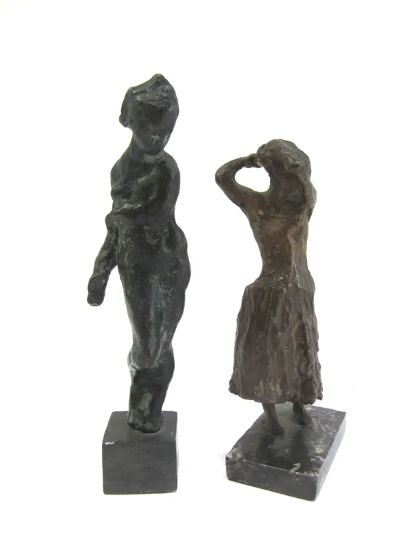 Sidney Harpley (1927-1992), British, a small bronze figure of a standing female nude, mounted on a polished slate base, signed 'Harpley 17/12', 28cm h