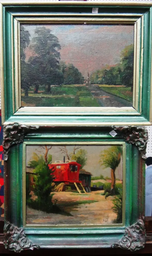 Allan Lindsey (20th century), The Watts statue 'Physical Energy' in Kensington Gardens; A Gypsy Caravan, two, oil on board, one signed with initials,
