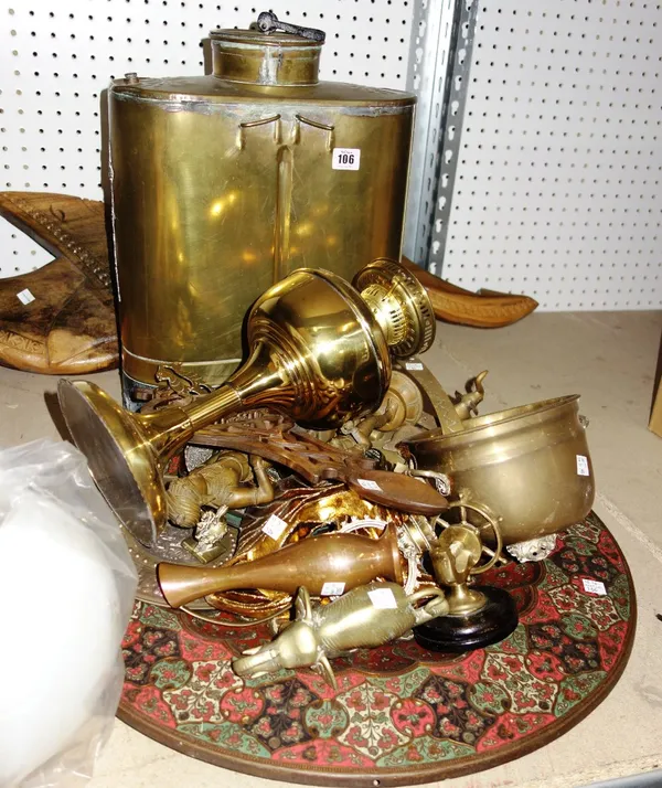A quantity of copper brass and metalware collectables including oil lamp, eastern figures, copper pan, large garden sprayer back pack and sundry. (qty