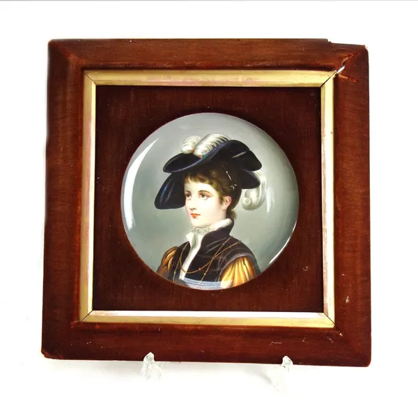 A German porcelain dish, late 19th century, painted with head and shoulders portrait of a young woman with feather in her hat, (a.f), 20cm. diameter v