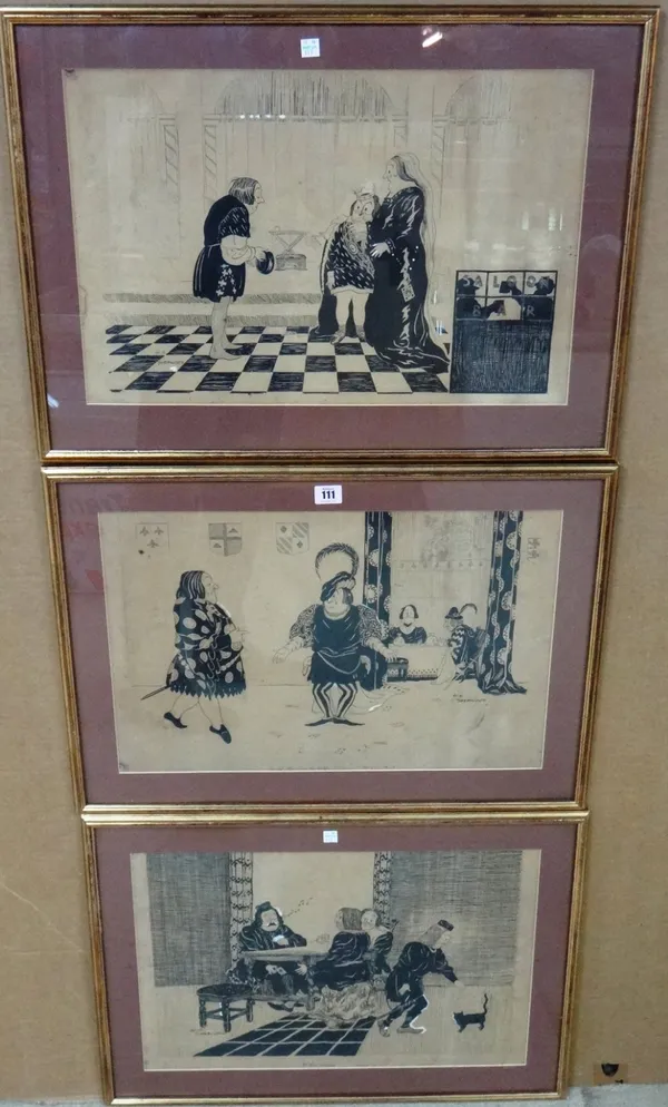 G.S. Sherwood (20th century), Cartoon scenes from Shakespeare, three, pen and ink, signed and inscribed, each 35cm x 53cm.; together with a set of six