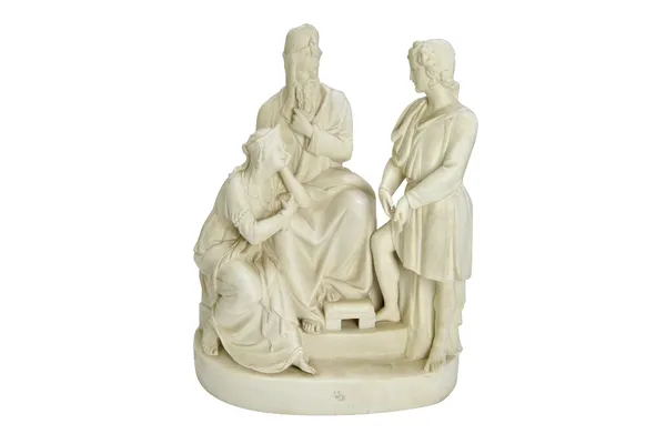 An English parian group of Joseph before Pharaoh, probably Wedgwood, second half of the 19th century, with impressed marks to underside, 50cm high.  1