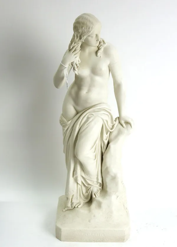 A Copeland parian ware figure of 'Eceria', late 19th century, after JH Foley, the semi-clad maiden on a rocky outcrop, on a canted square titled base,