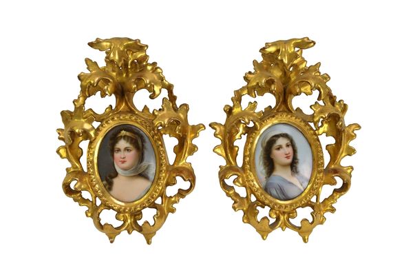 A pair of small German porcelain oval plaques, late 19th century, painted with head and shoulders portraits of Queen Louise of Prussia after Richter a