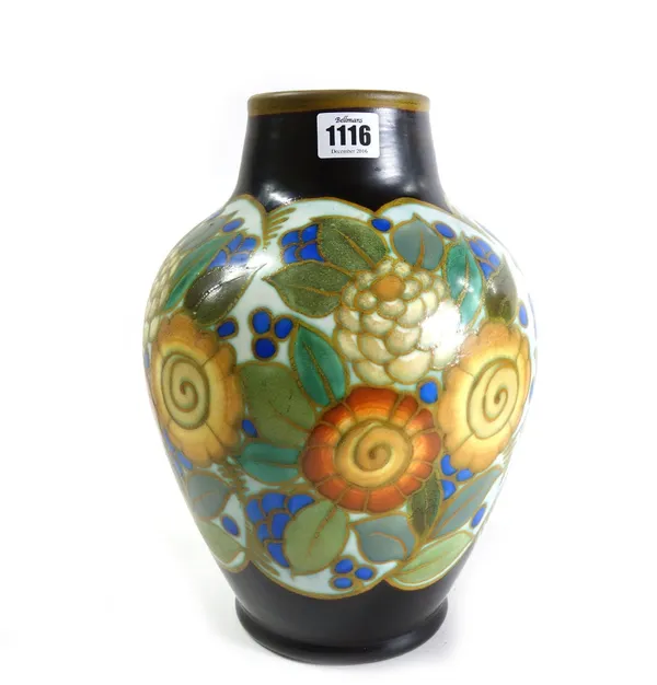 A Boch Freres Keramis Art Deco vase, circa 1930, decorated with stylized flowers against a brown ground, with printed, painted and incised marks to ba