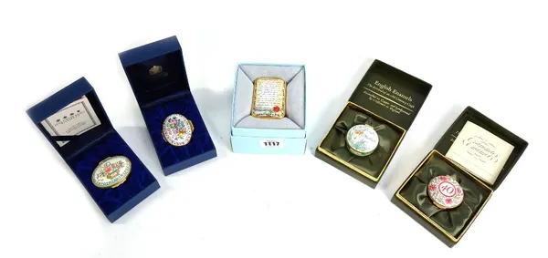 Five Halcyon days enamel boxes, including; a Robert Burns 250th anniversary box, boxed, (5).