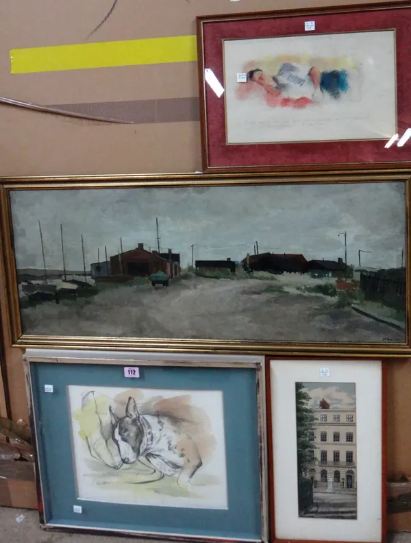 A group of four, including Allan Lindsey, 'Spike at rest: Bull Terrier; an oil of Whitstable by Jennifer Brewer; A London street view signed B.H., and