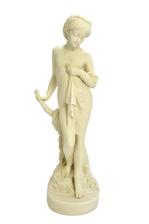 A Copeland parian ware figure of 'Riverside', with impressed mark for Copeland, date code 1881, signed 'Owen Hale Sc', 46cm high.    Illustrated
