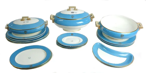 A Brown Westhead, Moore & Co part dinner service, c.1868, gilt monogram against a turquoise wide gilt border, comprising; eight graduated oval platter
