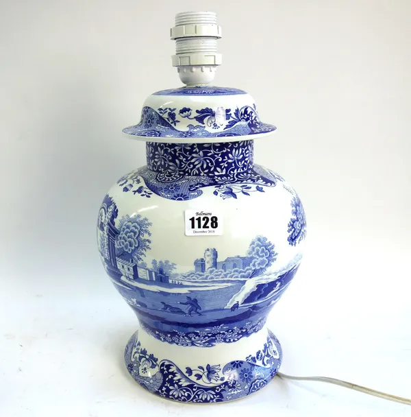A quantity of Spode blue and white pottery decorated in The Italian Garden pattern, comprising; a table lamp, 30cm high, a jug and cover, five egg cup